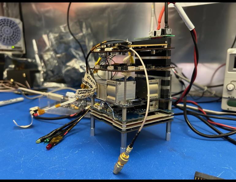 The avionics test stack of the students’ nanosat project sits in a clean room in the Space Systems Engineering Program Lab at the University of Alaska Fairbanks. Photo by Rod Boyce.