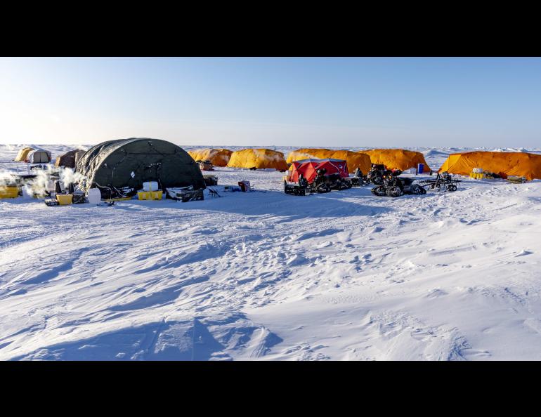 Ice Camp Whale tents and vehicles  sit on the Arctic Ocean ice during Operation Ice Camp in early March 2024. U.S. Navy photo 