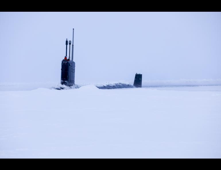 The fast-attack submarine USS Indiana is shown after surfacing in the Beaufort Sea near Ice Camp Whale during Operation Ice Camp on March 13. 2024. U.S. Navy photo
