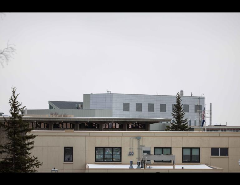 The Geographic Information Network of Alaska’s new 3-meter antenna will be enclosed in a dome atop the UAF Usibelli Building. Photo by Eric Marshall