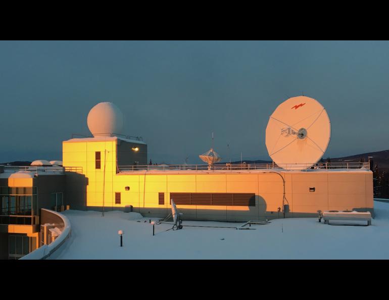 A new antenna for the Geographic Information Network of Alaska will be installed in early April atop the UAF Usibelli Building to replace the aging domed antenna on the UAF Akasofu Building’s roof. Photo by Rod Boyce