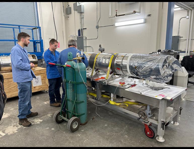  NASA personnel at the Poker Flat Research Range payload assembly area work on the payload for the two-stage rocket for the Dissipation experiment in November 2023. Photo by Rod Boyce