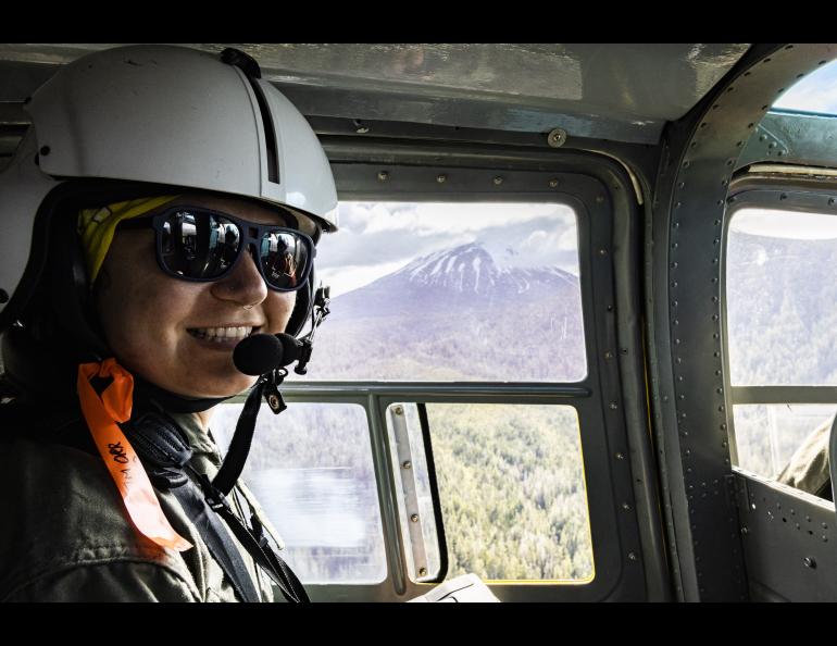 Geophysical Institute graduate student researcher Claire Puleio flies by Mount Edgecumbe. Puleio is one of the speakers in the Science for Alaska Summer Series. UAF photo by JR Ancheta 