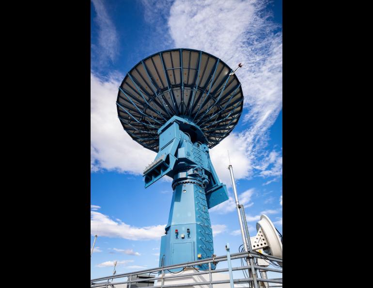 The antenna known as AS2 sits atop the Elvey Building at the University of Alaska Fairbanks. The antenna has a 9.1-meter aperture. UAF photo by Leif Van Cise