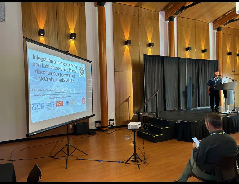 Research Associate Professor Alexander Kholodov presents his research about permafrost near McGrath, Alaska, at the International Conference on Permafrost in Whitehorse, Yukon, on Monday, June 17, 2024. Photo by Rod Boyce