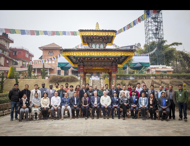 Franz Meyer, fourth from left in the front row, sits with attendees at a 2018 synthetic aperture radar training workshop in Kathmandu. Photo courtesy of Franz Meyer