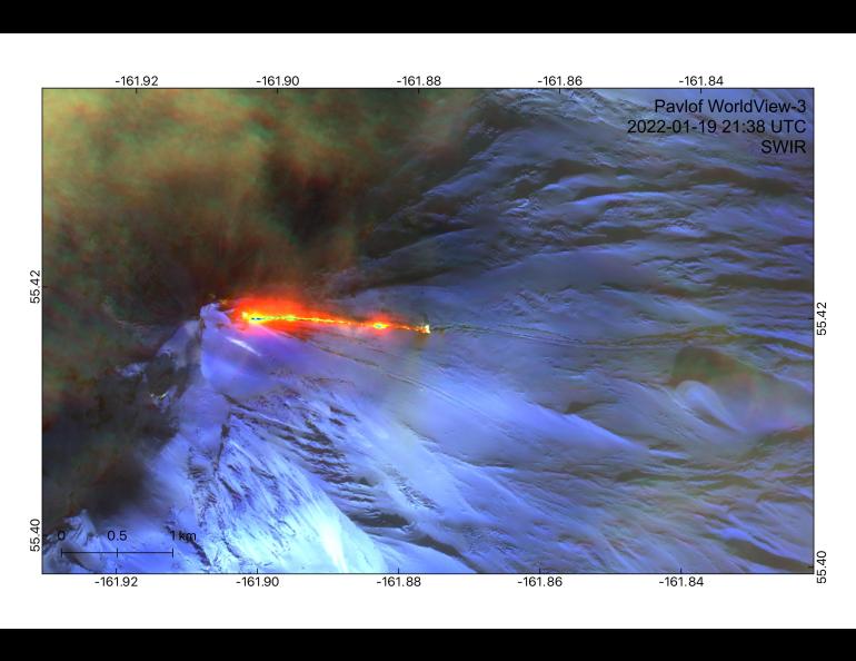 Lava erupts at Pavlof Volcano on Jan. 19, 2022. This shortwave infrared false color image shows the lava flowing from the volcano’s eastern flank and extending almost a mile eastward. Photo courtesy of Alaska Volcano Observatory.