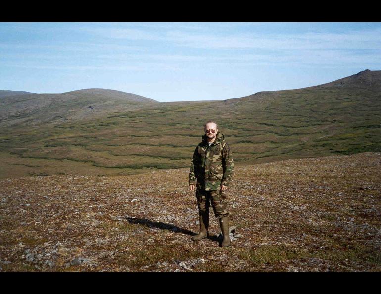 Sergey Marchenko stands off the Nome-Council Road on the Seward Peninsula during one of his early Alaska fieldwork travels. Photo courtesy Vladimir Romanovsky.