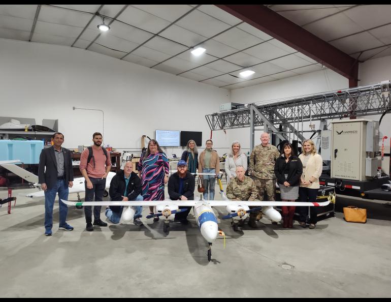 Several participants in the Alaska Defense Forum visited the hangar of the UAF Geophysical Institute’s Alaska Center for Unmanned Aircraft Systems Integration on Monday, Aug. 26, 2024. Tour groups visited several of the university’s research facilities. Photo by Brittany Smart