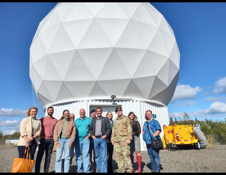  Several participants in the Alaska Defense Forum visited the Richardson Highway antennas location of the Alaska Satellite Facility as part of their tour. The radome in the photograph houses a NASA antenna. Photo by Brittany Smart