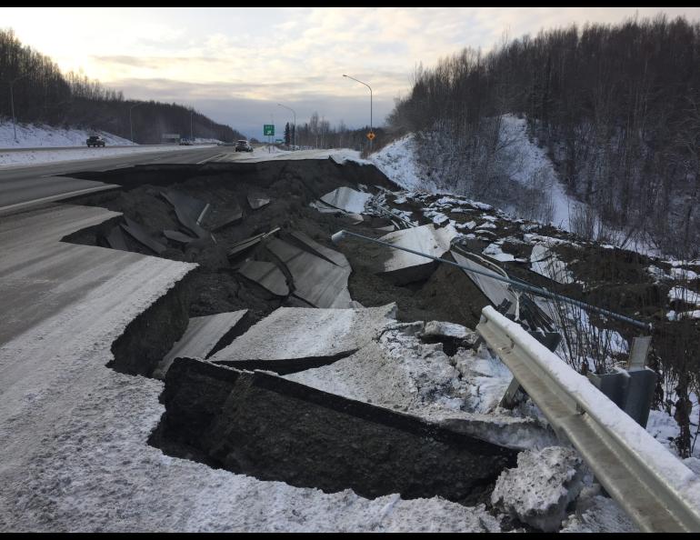 The Mirror Lake offramp on the Glenn Highway near Chugiak, Alaska, shows damage after the Nov. 30, 2018, earthquake. Photo courtesy of Alaska Department of Transportation and Public Facilities