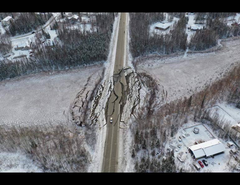 Cracks appear on Vine Road in Wasilla, Alaska, after the Nov. 30, 2018 earthquake. Photo courtesy of Alaska Department of Transportation and Public Facilities