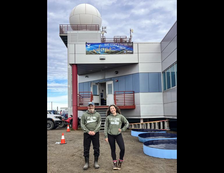 The Geophysical Institute's Matthew Sturm and Serina Wesen at the 2024 BARC Science and Culture Fair in Utqiaġvik, Alaska. Photo by UIC Science staff