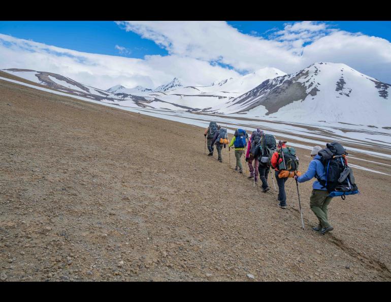 Students and instructor walk to basecamp at the Novarupta Crater during the July 2024 International Volcanological Field School. Photo by Seth Adams