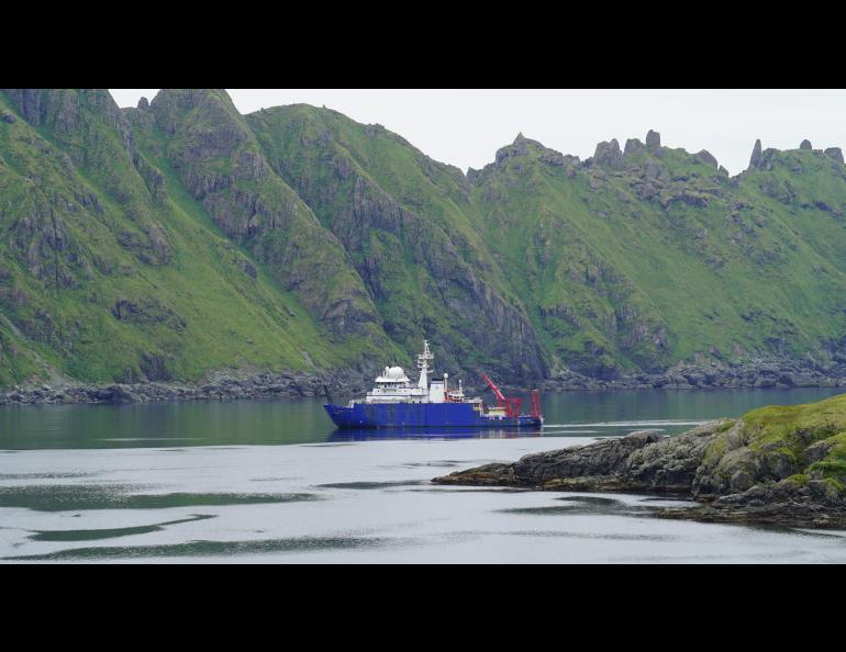 The research vessel Sikuliaq visits Quail Bay on Kagalaska Island during a 2022 science cruise in the Aleutian Islands. Photo courtesy of Sarah Betcher/Farthest North Films