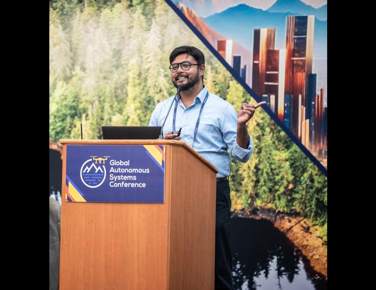 Arghya Das, Computer Science faculty member at the University of Alaska Fairbanks, speaks at the Global Autonomous Systems Conference Thursday, Aug. 15, 2024 in Anchorage, Alaska. Photo courtesy ACUASI