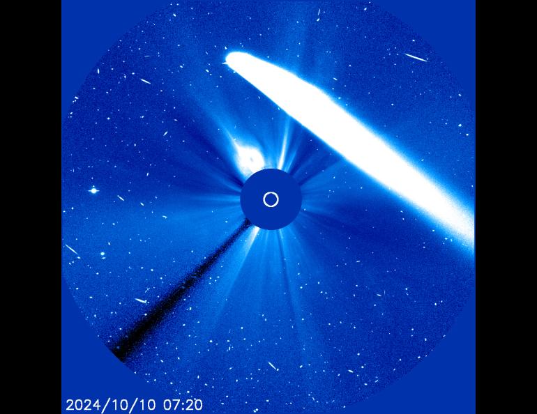 Comet Tsuchinshan-ATLAS passes by the sun (blocked by center circle) on Oct. 10, 2024, in this image from the Solar & Heliospheric Observatory. The observatory launched in December 1995 as a joint mission of NASA and the European Space Agency. Image courtesy of the Solar & Heliospheric Observatory