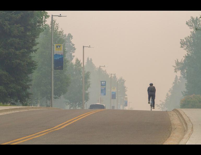 Smoke from nearby wildfires creates a haze on the University of Alaska Fairbanks Troth Yeddha’ Campus in June 2022. UAF photo by Eric Engman