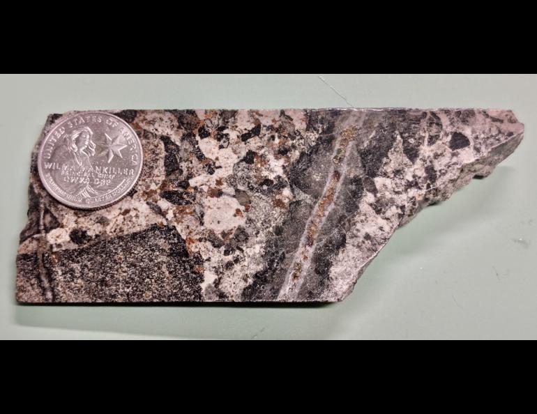 This sample of porphyry from UAF’s teaching collection contains copper, molybdenum and gold. Copper and molybdenum are listed as critical minerals. The sample is from a deposit core taken at the site of the proposed Pebble mine in Southwest Alaska. Photo courtesy of Marisa Acosta