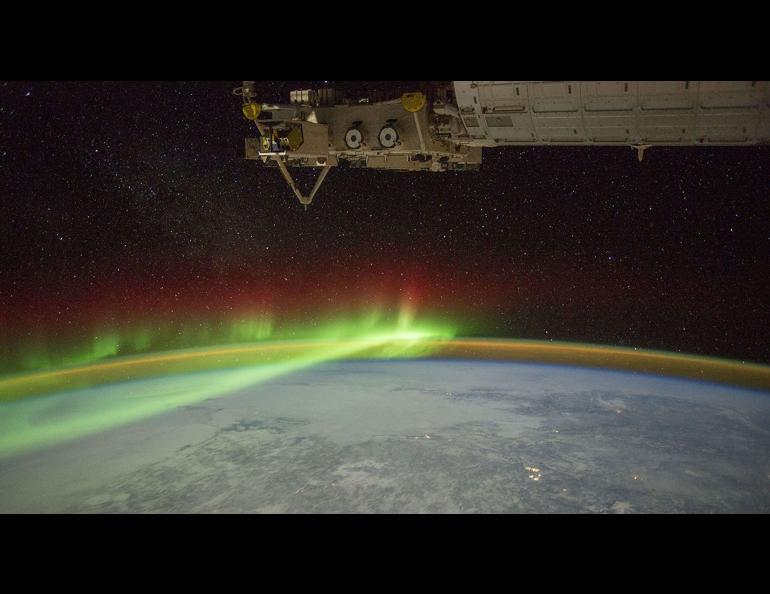 The ionosphere and aurora wrap around Earth, as seen from the International Space Station. Photo courtesy of NASA