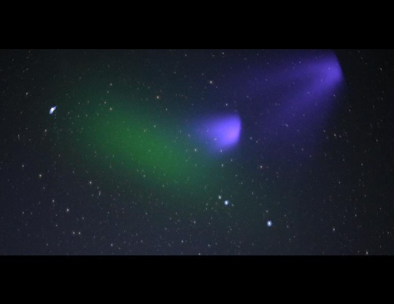 Ionization by the sun turns the green barium cloud of the KiNET-X experiment to purple over the Atlantic Ocean on May 16, 2021. Photo courtesy Don Hampton