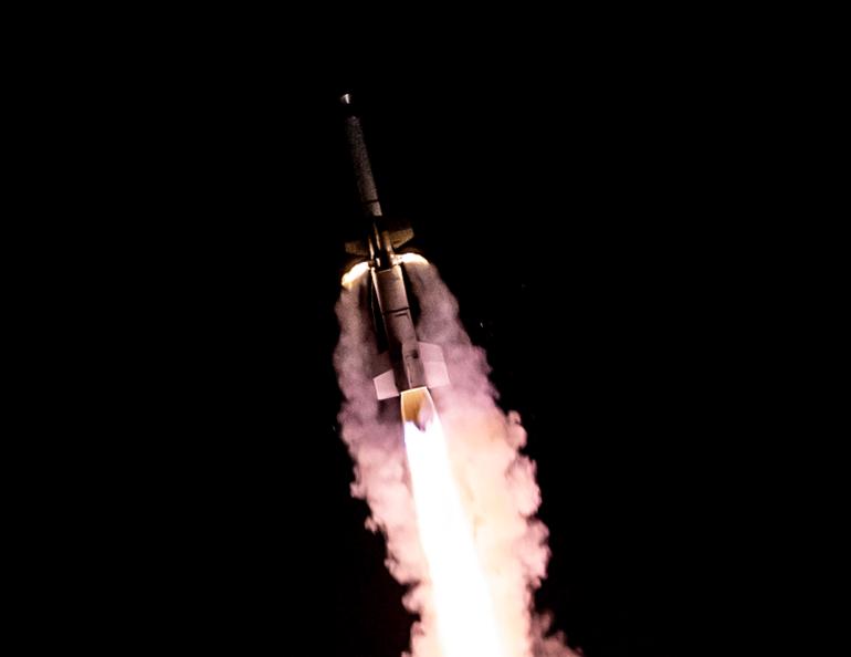 A BlackBrant XII sounding rocket carrying the KiNET-X experiment launches from NASA’s Wallops Flight Facility in Virginia on May 16, 2021. NASA photo by Terry Zaperach