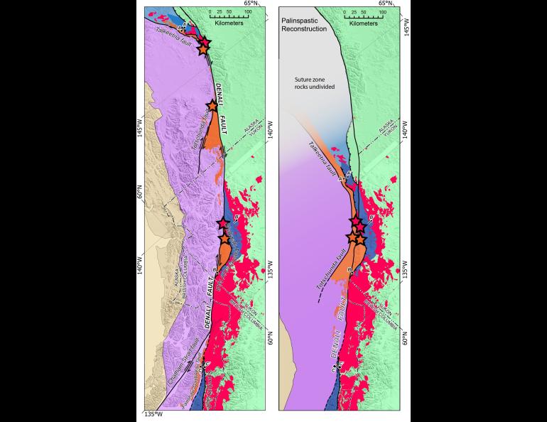 This image reconstructs the Denali fault based on key offset markers (red and orange stars). The left image shows the current configuration. The right image shows the configuration at approximately 52 million years ago, prior to 300 miles of Denali Fault movement. Image from research paper.