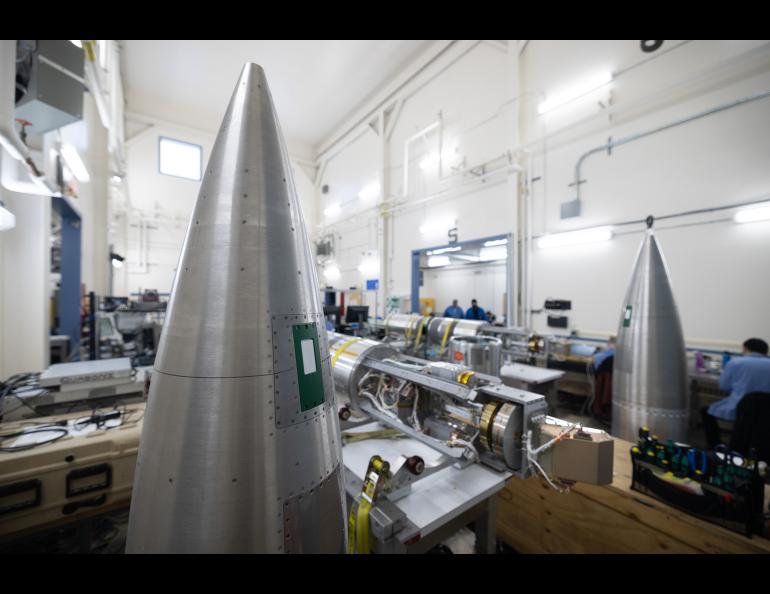 Two of three payloads being prepared to investigate three types of aurora sit inside the payload assembly area at Poker Flat Research Range on Friday, Jan. 10, 2025. Photo by Bryan Whitten