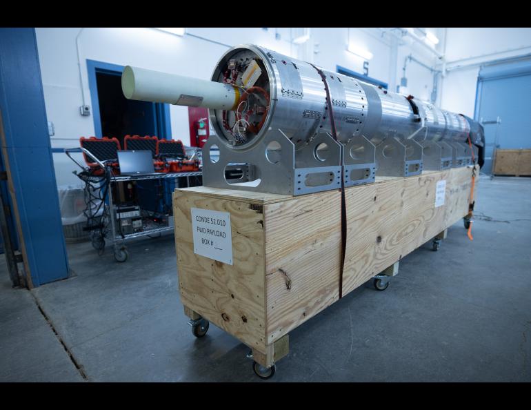 The payload assembly for the four-stage AWESOME mission rocket sits ready at Poker Flat Research Range. The rocket will fly the farthest of the mission’s three rockets and will release colorful vapor tracers that will be widely visible in northern Alaska. UAF photo by Bryan Whitten