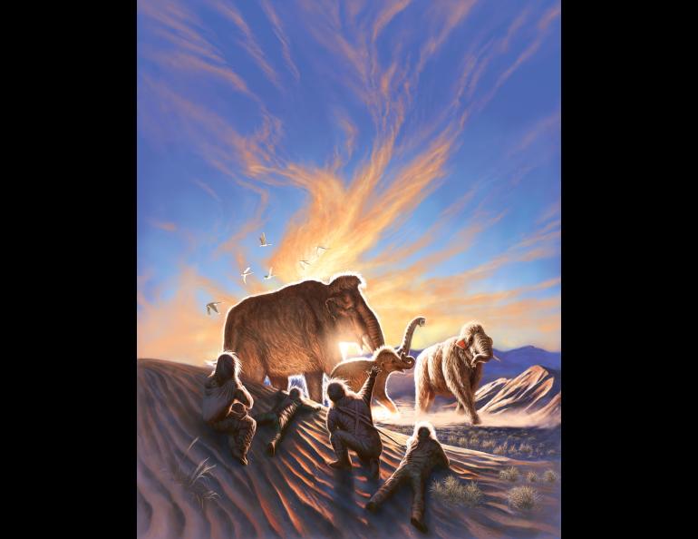 In this work of art produced by Julius Csotonyi, a group of ancient people watch mammoths roam over sand dunes in Interior Alaska, north of Swan Point archeological site. Artwork by Julius Csotonyi.