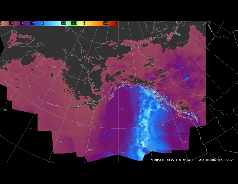 Satellite images reveal the atmospheric river that caused a fatal mudslide in Haines, Alaska, on Dec. 1-2, 2020. The image shows a column of total precipitable water headed to Alaska from south of Hawaii. Geographic Information Network of Alaska image courtesy Carl Dierking.