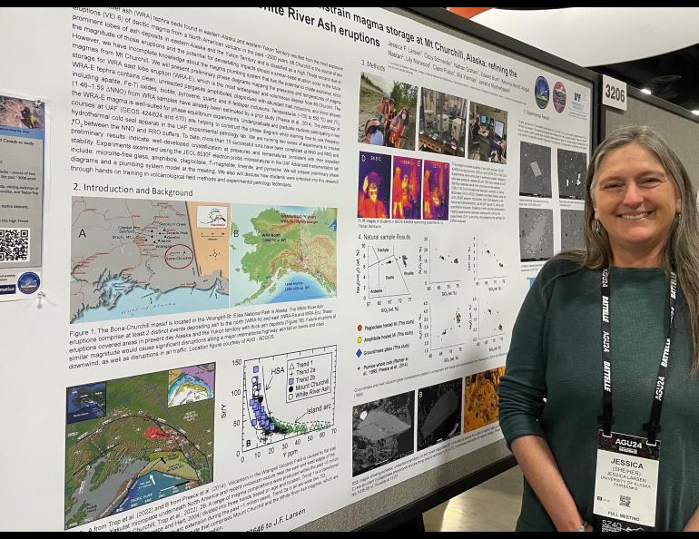 Jessica Larsen of the University of Alaska Fairbanks Geophysical Institute describes her research on Alaska’s Mount Churchill at the Fall Meeting of the American Geophysical Union on Dec. 9, 2024. Photo by Ned Rozell.