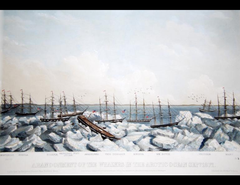 This painting, “Abandonment of the Whalers in The Arctic Ocean September 1871,” depicts the New England whaling ships trapped in pack ice off northern Alaska. Wainwright Inlet is in the background. Courtesy Ted and Ellie Congdon, Huntington Library.