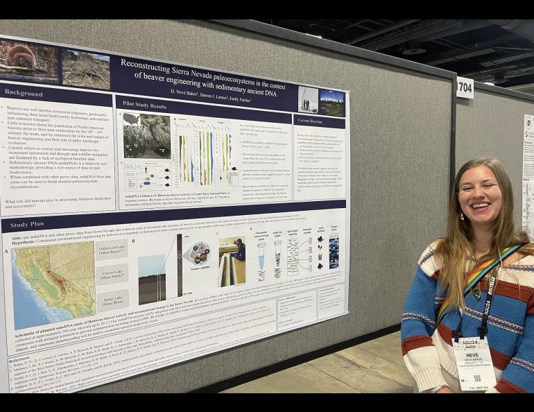 Neve Baker stands beside her poster on discovering ancient evidence of beavers in Grand Tetons National Park while she was at the Fall Meeting of the American Geophysical Union in Washington, D.C. in December 2024. Photo by Ned Rozell.