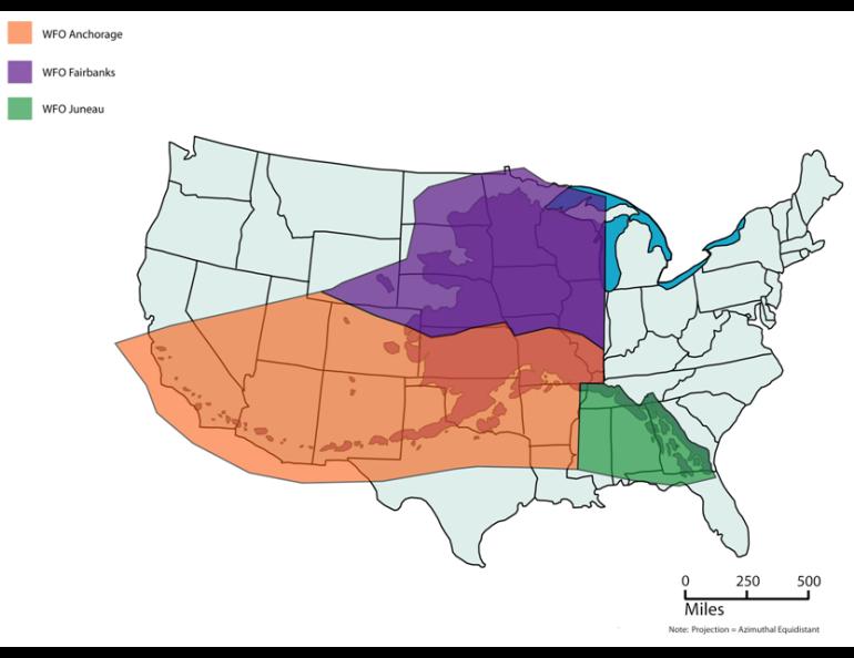 Alaska’s three forecast offices of the National Weather Service — Fairbanks in purple, Anchorage in orange, and Juneau in green — cover areas that would span the Lower 48 states. Graphic courtesy of the National Weather Service.