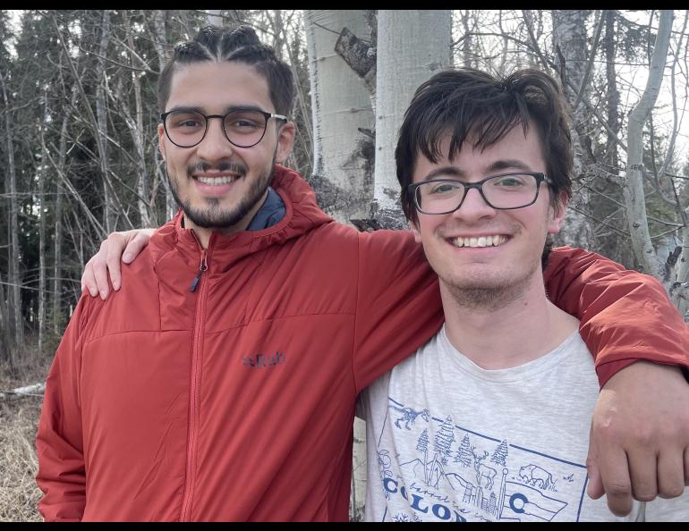 Roger Jaramillo, left, and Matthew Crisafi-Lurtsema pose on the UAF campus before heading to the shoulder of Denali, where they will sample for microplastics. Photo by Ned Rozell.