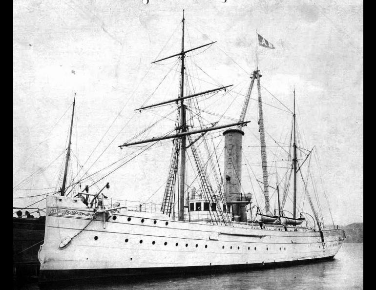 The U.S. Revenue Cutter Manning, pictured here in 1898, was in Kodiak Harbor during the great earthquake of 1900. Public domain photo.