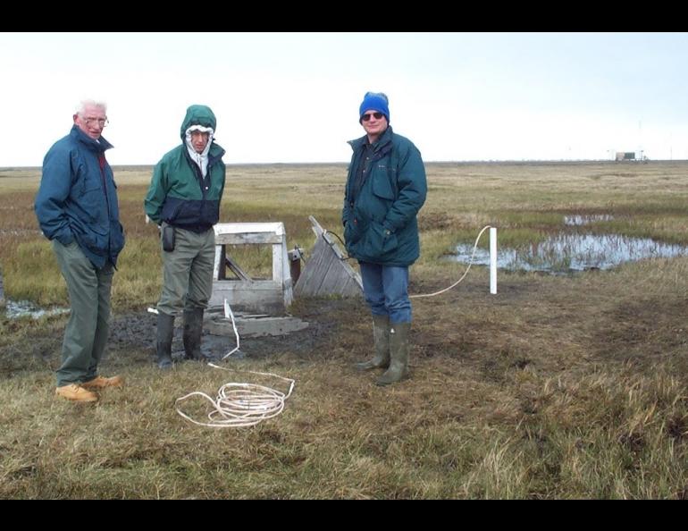 At a permafrost monitoring site near Barrow years ago were researchers Max Brewer, Jerry Brown and Vladimir Romanovsky. Photo by Kenji Yoshikawa.