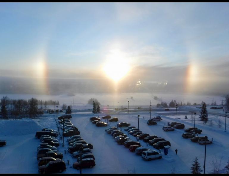 Sundogs seen from the University of Alaska Fairbanks campus on January 23, 2020. Photo by Ned Rozell.