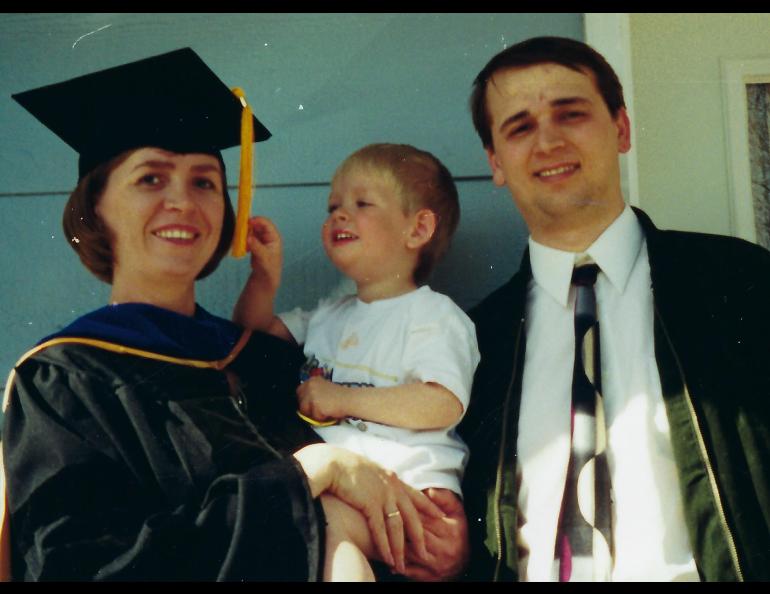 Natalia Ruppert poses with her son Daneel and her husband Artem in May 2001 after receiving her doctorate degree at the University of Alaska Fairbanks. Photo courtesy Natalia Ruppert.