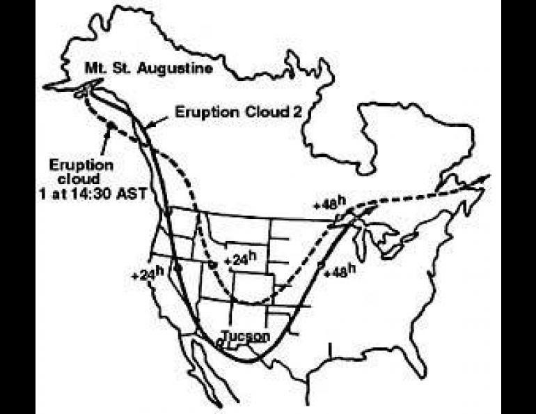 MIGRATION--Motion of the St. Augustine Ash cloud is parallel to the streamers and toward the left. The map shows the trajectory of the two ash clouds from the St. Augustine eruption.