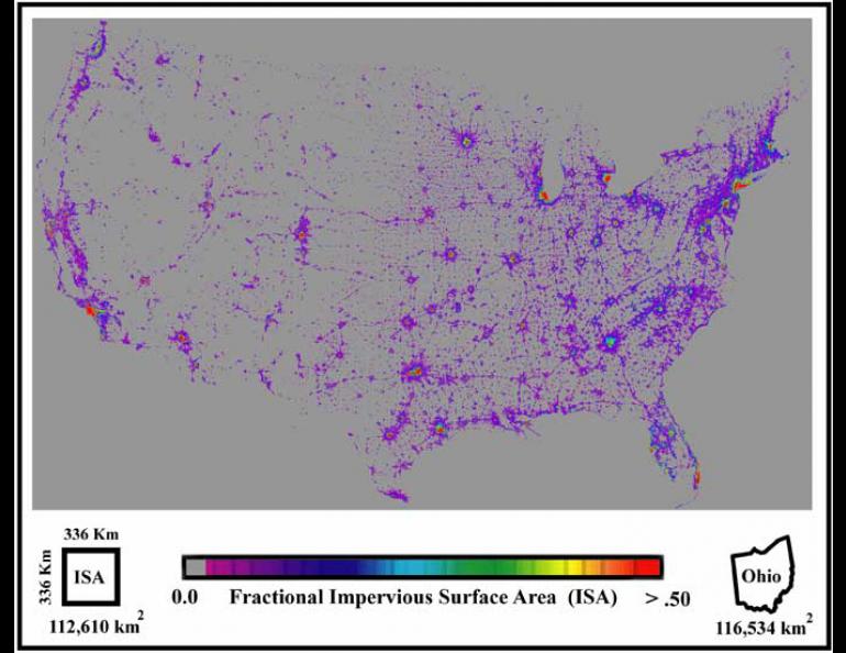  This map shows the percentages of ground surface covered with manmade materials, such as buildings, roads, parking lots and roofs. Courtesy of Chris Elvidge, National Geographic Data Center. 