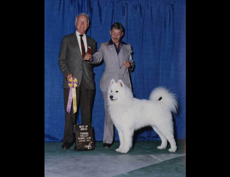  Jim Anderson holds the leash of one of his Samoyed dogs at a Fairbanks dog show in 1993. Photo courtesy Carol Haas. 