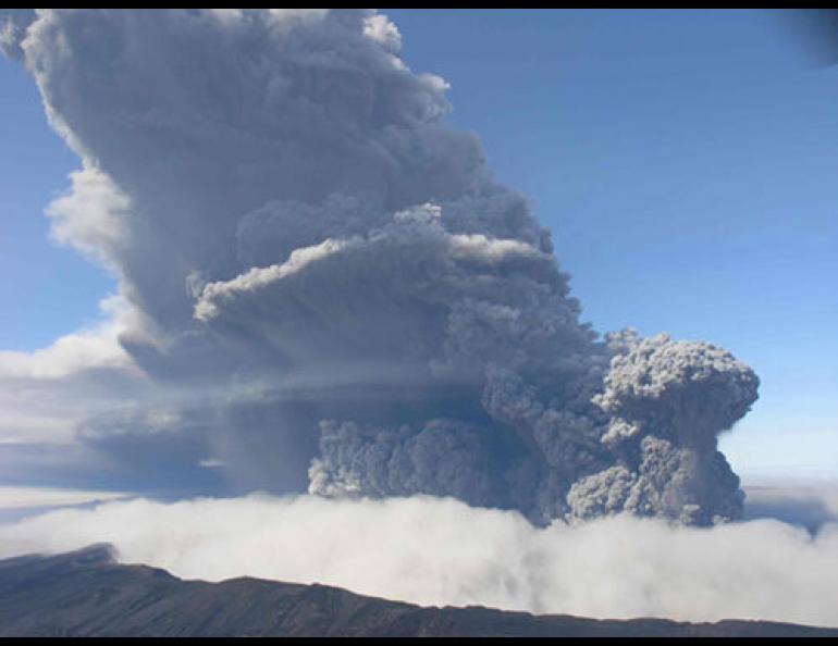  The ash plume from the recent eruption of Okmok volcano. Photo by Jessica Larson, Alaska Volcano Observatory/Geophysical Institute. 