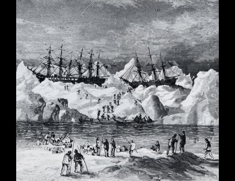  An etching from Harper’s Weekly on December 2, 1871, showing the abandonment of three whaling ships trapped in ice off Point Belcher, between Wainwright and Barrow. Researchers in 2010 plan to look for remains of the era’s Yankee whalers off Alaska’s coast. Illustration courtesy of Harper’s Weekly. 