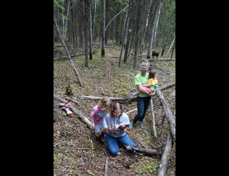 Leanne Bulger kneels at a hole in the forest floor that pumps out cool air. At her shoulder is her daughter Rose. Rosie Fordham, Bulger’s co-worker, holds Bulger’s daughter Violet. Photo by Ned Rozell.