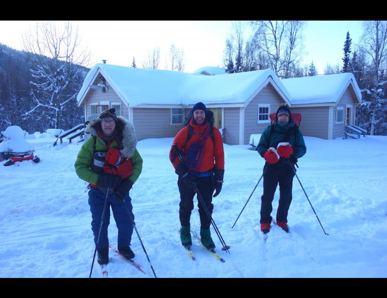 Bob Gillis, Adam Bucki and Ned Rozell at Coal Creek camp, about four miles inland from the Yukon River and Slaven’s Roadhouse. Josh Spice photo.