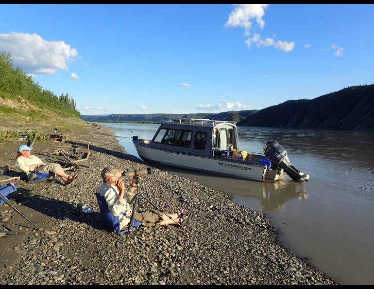 Chris Florian, left, and Skip Ambrose scan a cliffside across the upper Yukon River looking for peregrine falcons on July 13, 2018. Photo by Ned Rozell.