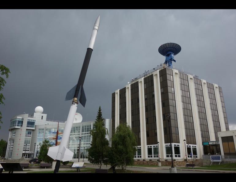 The Elvey Building (with the satellite dish on top), home to the Geophysical Institute on the UAF campus. Photo by Ned Rozell.