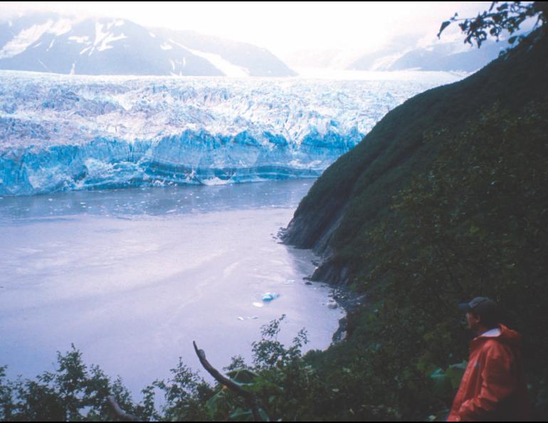 Ned Rozell watches the advance of Hubbard Glacier as it advances on Gilbert Point in 2002. Photo by Martin Truffer.